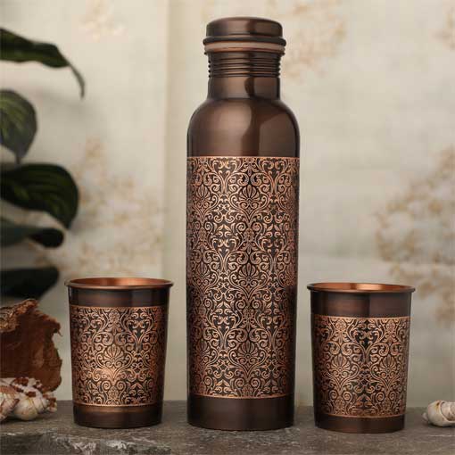 Pure Copper Water Bottle with 2 Tumblers Set Tower Shape 1000 Ml Capacity